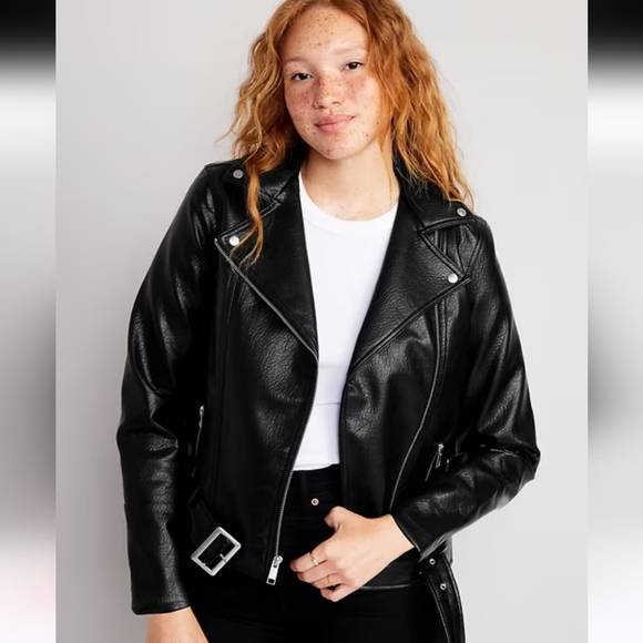 Old Navy Faux-Leather Belted Biker Jacket - Picture 1 of 15